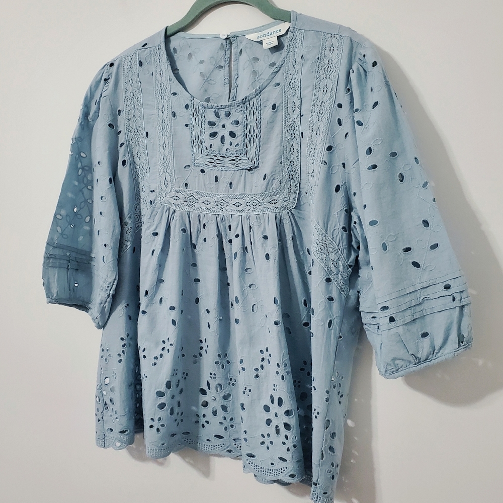 Womens Light Blue Eyelet Lace Peasant Top - Picture 4 of 9
